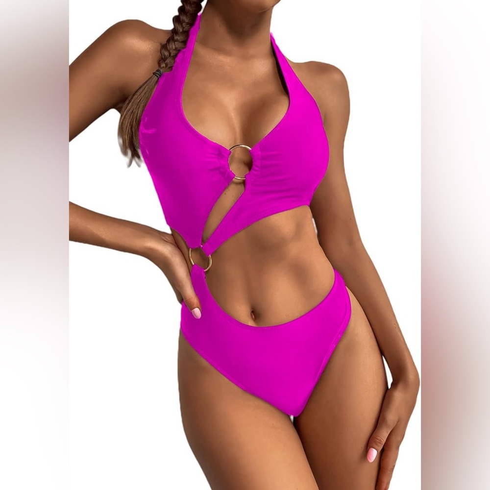 Women's Small Hot Pink Cutout Halter Swimsuit Gold Ring Accent Beachwear